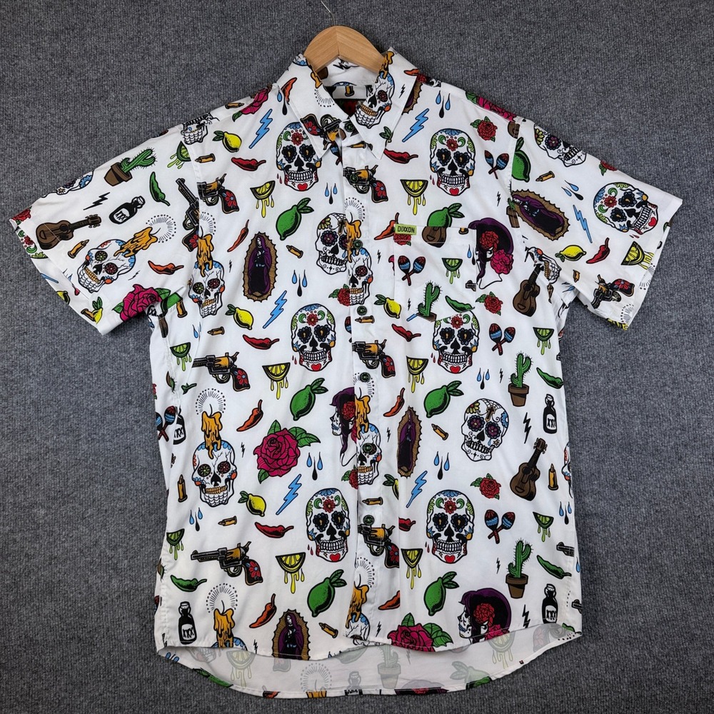 Dixxon Flannel Co Shirt Mens L White La Ofrenda Day of the Dead Skulls Gun Party - Picture 2 of 9